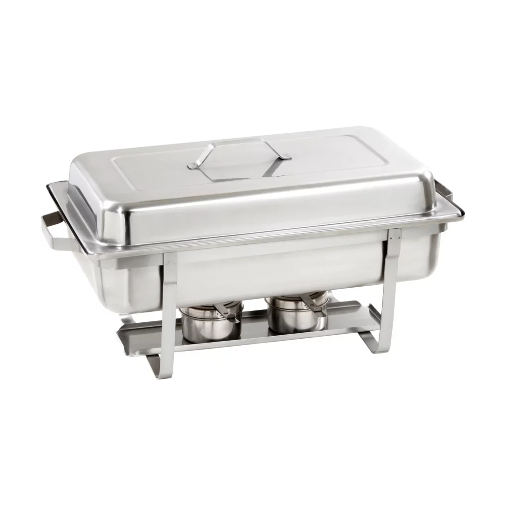 Geschlossenes Chafing-Dish mit Gestell und zwei Brennpastenbehältern