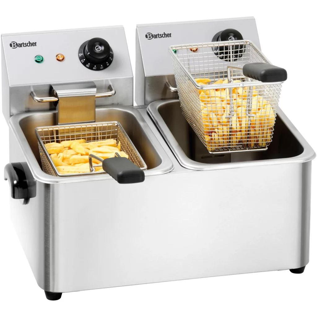 Bartscher Elektro-Doppel-Fritteuse Snack II in Frontalansicht mit zwei Körben
