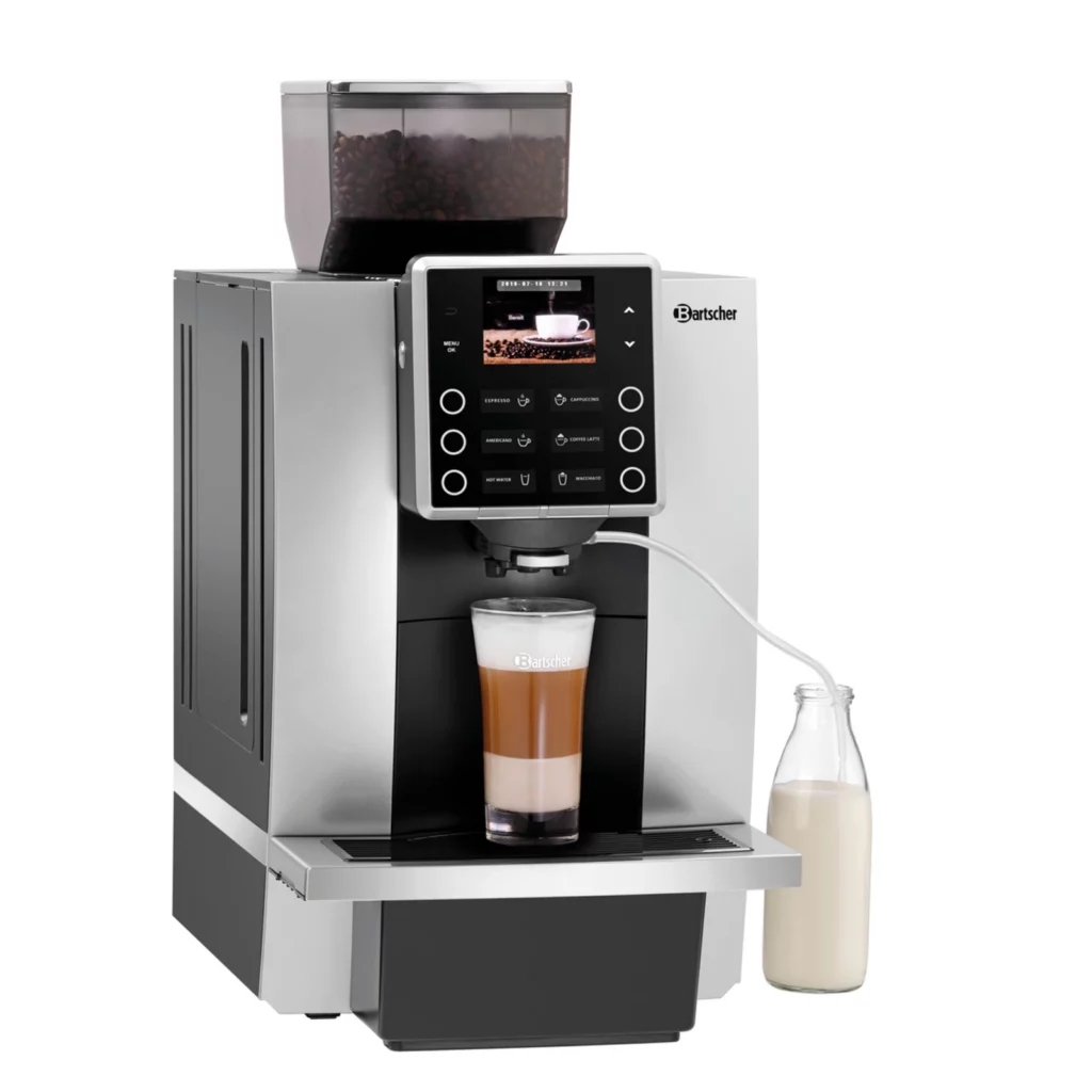 BARTSCHER Kaffeevollautomat KV1 Classic schräg von vorne mit Milchschlauch und Milchflasche