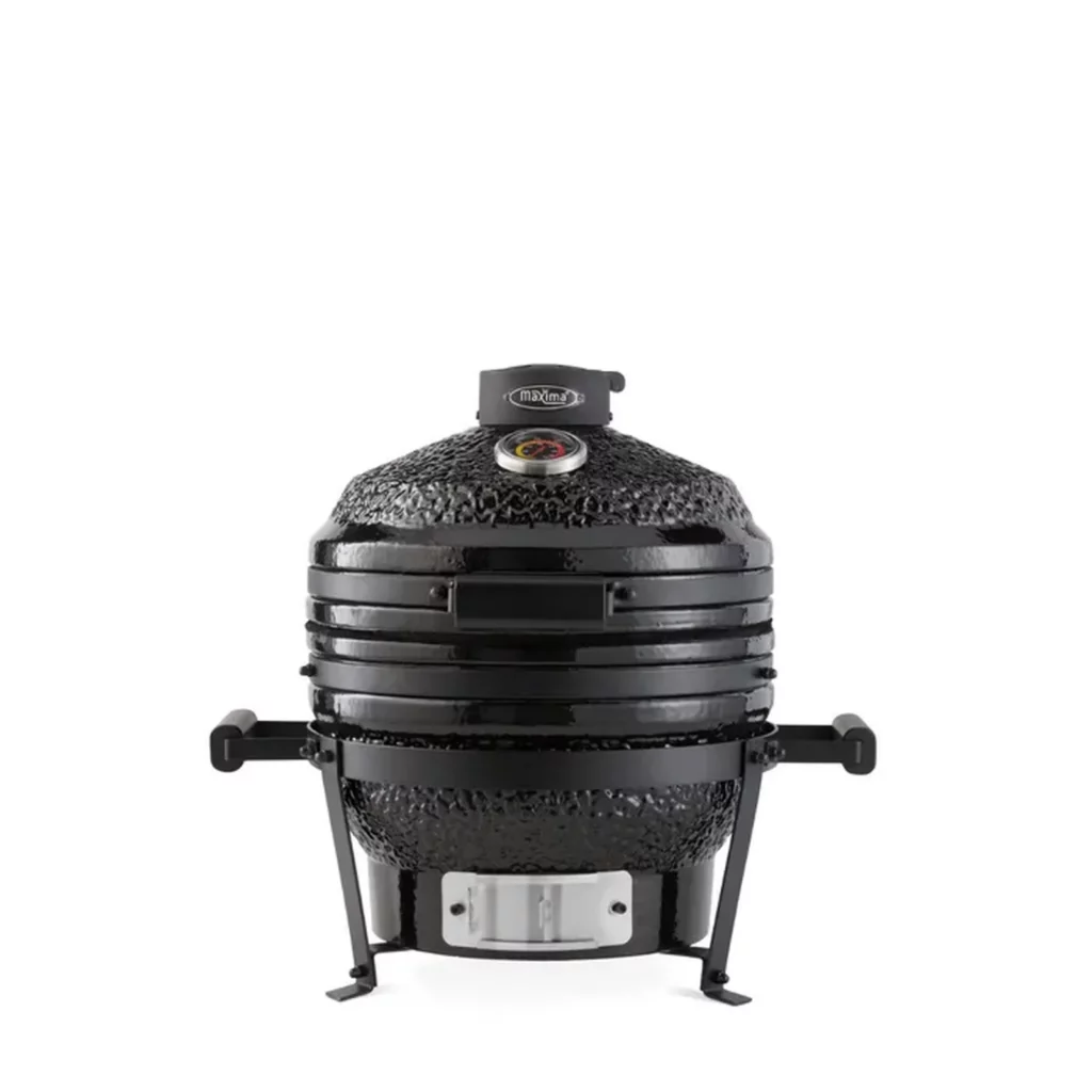 Geschlossener schwarzer Kamado-Grill mit Deckel, Griff, Thermometer, Seitengriffen und Standgestell
