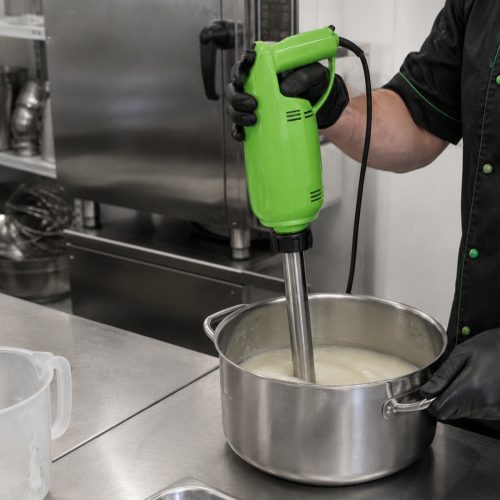 Bartscher Stabmixer MX 500 Duo beim Mixen einer Suppe in einer Grossküche