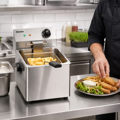 Elektro-Fritteuse Snack III von Bartscher im professionellen Einsatz mit frisch frittierten Pommes und Snacks in einer Gastronomieküche.