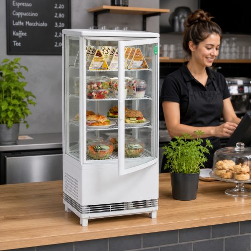 Mini-Kühlvitrine 86 Liter von Bartscher mit Getränken und Snacks im Gastronomiebetrieb