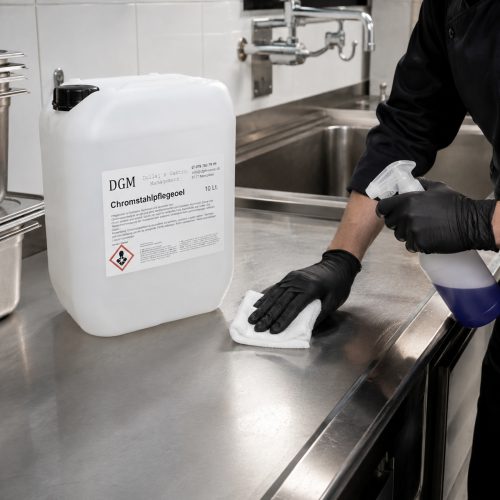 DGM Chromstahlpflegeöl 10 Liter bei der Pflege einer Edelstahlfläche in der Gastronomie