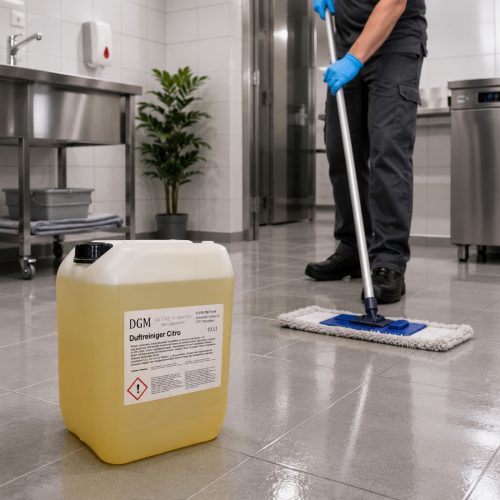 DGM Duftreiniger Citro 10 Liter bei der professionellen Bodenreinigung in einer Grossküche für hygienisch saubere und frisch duftende Böden.