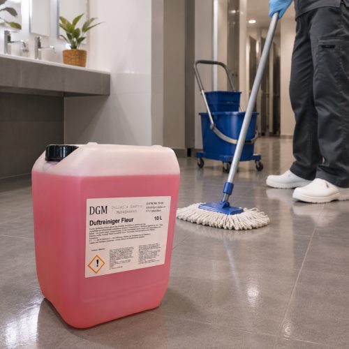 DGM Duftreiniger Fleur 10 Liter bei der professionellen Reinigung eines Sanitärbereichs mit Wischsystem für hygienisch saubere und angenehm duftende Böden.