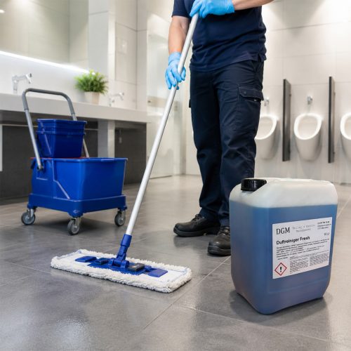 DGM Duftreiniger Fresh 10 Liter bei der Reinigung eines Sanitärbereichs mit Wischsystem für hygienisch saubere und frisch duftende Böden.