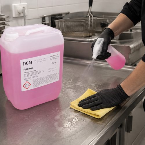 DGM Fettlöser 10 kg bei der Reinigung einer Edelstahlfläche in einer professionellen Gastronomieküche