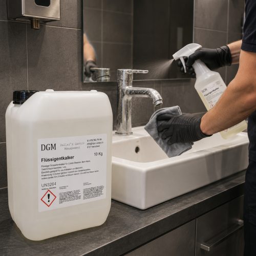 DGM Flüssigentkalker 10 kg bei der professionellen Entkalkung von Armaturen, Waschbecken und Sanitäranlagen zur Entfernung von Kalkablagerungen.