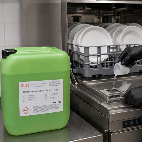 DGM Geschirrwaschmittel Chlorfrei an einer gewerblichen Geschirrspülmaschine