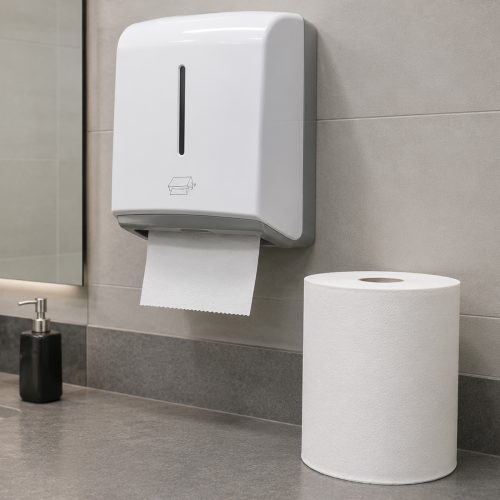 Papierhandtuchrolle 2-lagig aus 100 % Zellstoff im professionellen Einsatz in einem Waschraum.