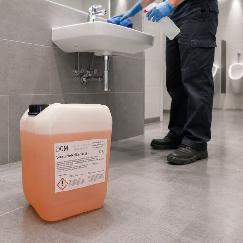 DGM Sanitärentkalker stark 10 kg bei der professionellen Entkalkung von Waschbecken, Armaturen und Sanitäranlagen.