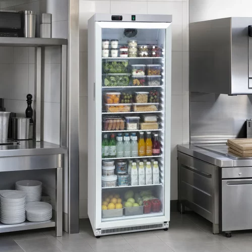Gastro Kühlschrank - 400 l - Rostfreier Stahl - mit Glastür im professionellen Einsatz