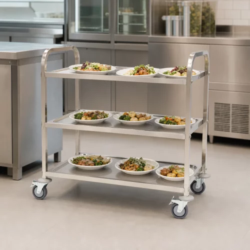 Gastro Servierwagen Edelstahl - 3 Regale im professionellen Einsatz
