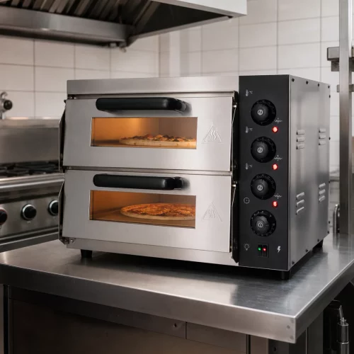 Maxima elektrischer Doppeldeck-Pizzaofen 2 × Ø 40 cm im professionellen Einsatz